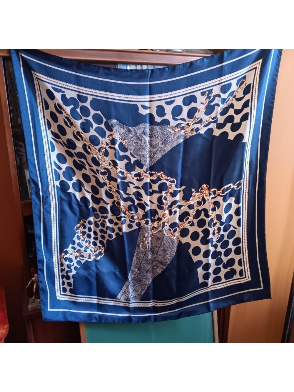 Vintage 80's Designer Silk Scarf Large Chain Print Blue Beige Square 38x36"